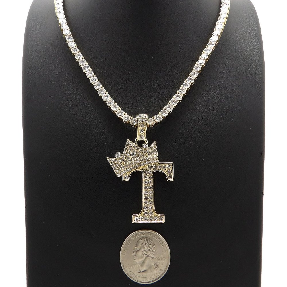 Initial Letter "T" Pendant Tennis Chain Necklace